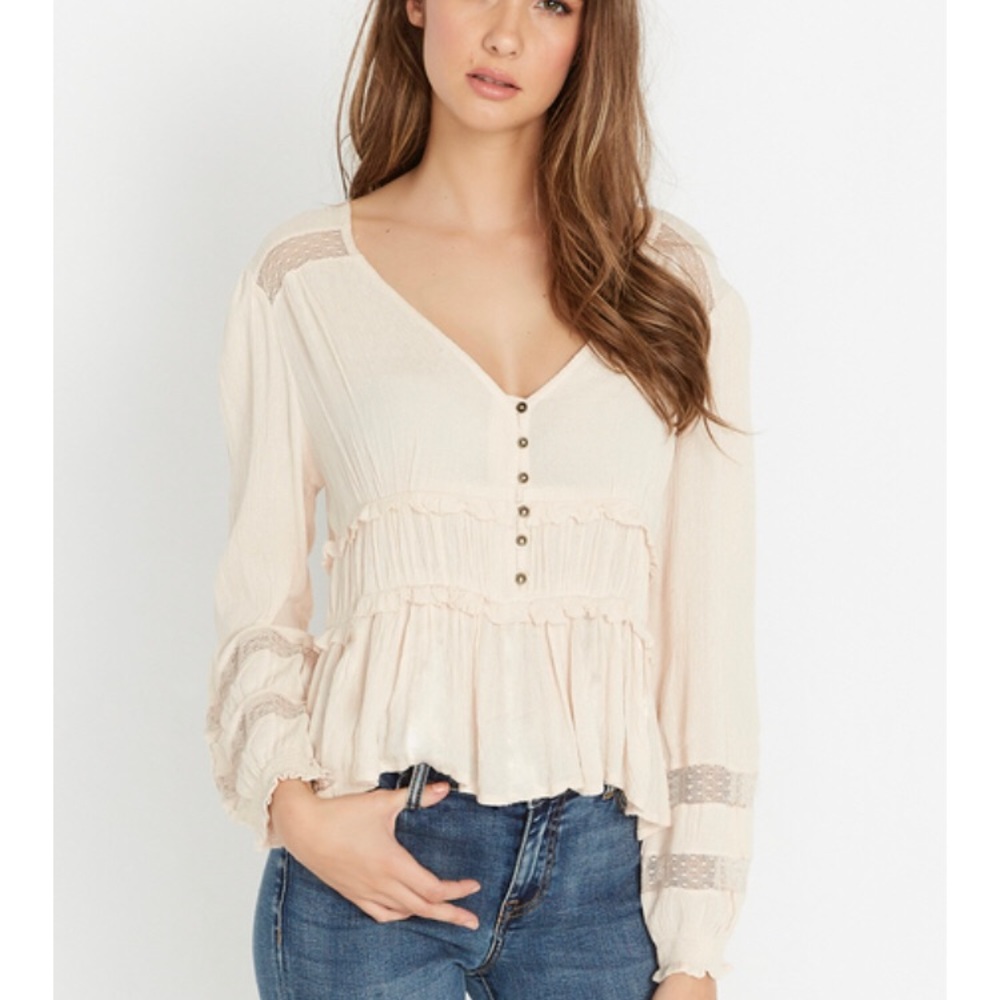 Pale pink lace inset button down shirt